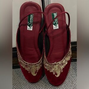 Velvet Red and Gold Women's Flat Sling back Shoes